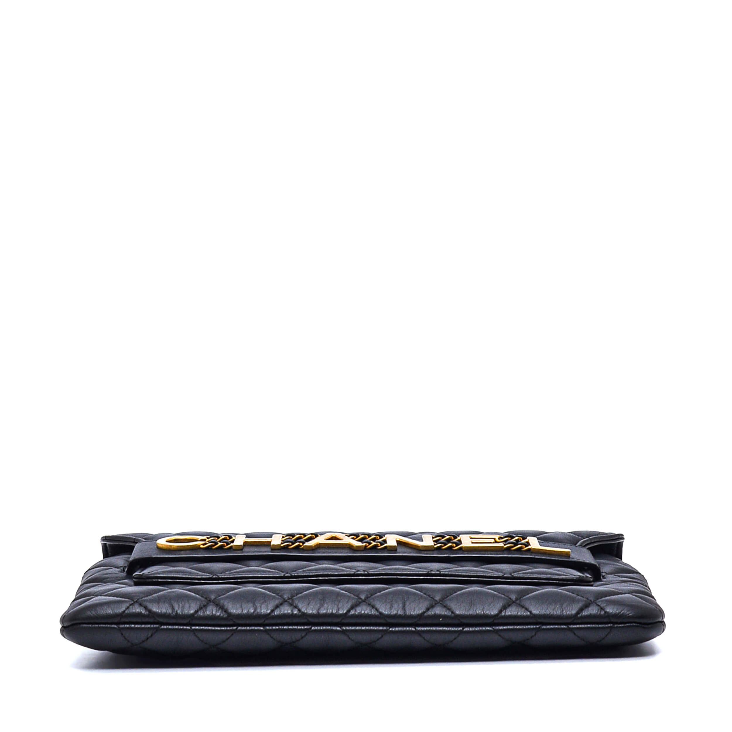 Chanel - Black Calfskin Quilted Front Logo Enchained Clutch